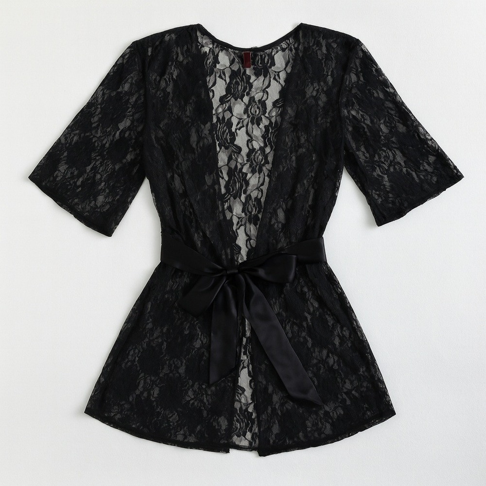 Lace Kimono Robe Black Floral Satin Tie Short Sleeve Sheer Cover Up
